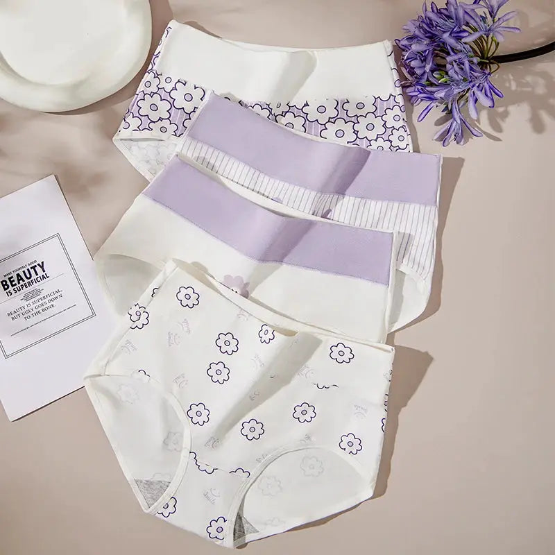 4-pack high-waist women's breathable cotton panties from Simples Market; lavender and white floral and striped designs