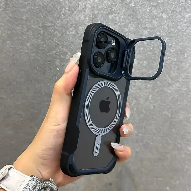 Simples Market Armor Fold Lens Stand MagSafe iPhone case, black rugged with foldable lens frame