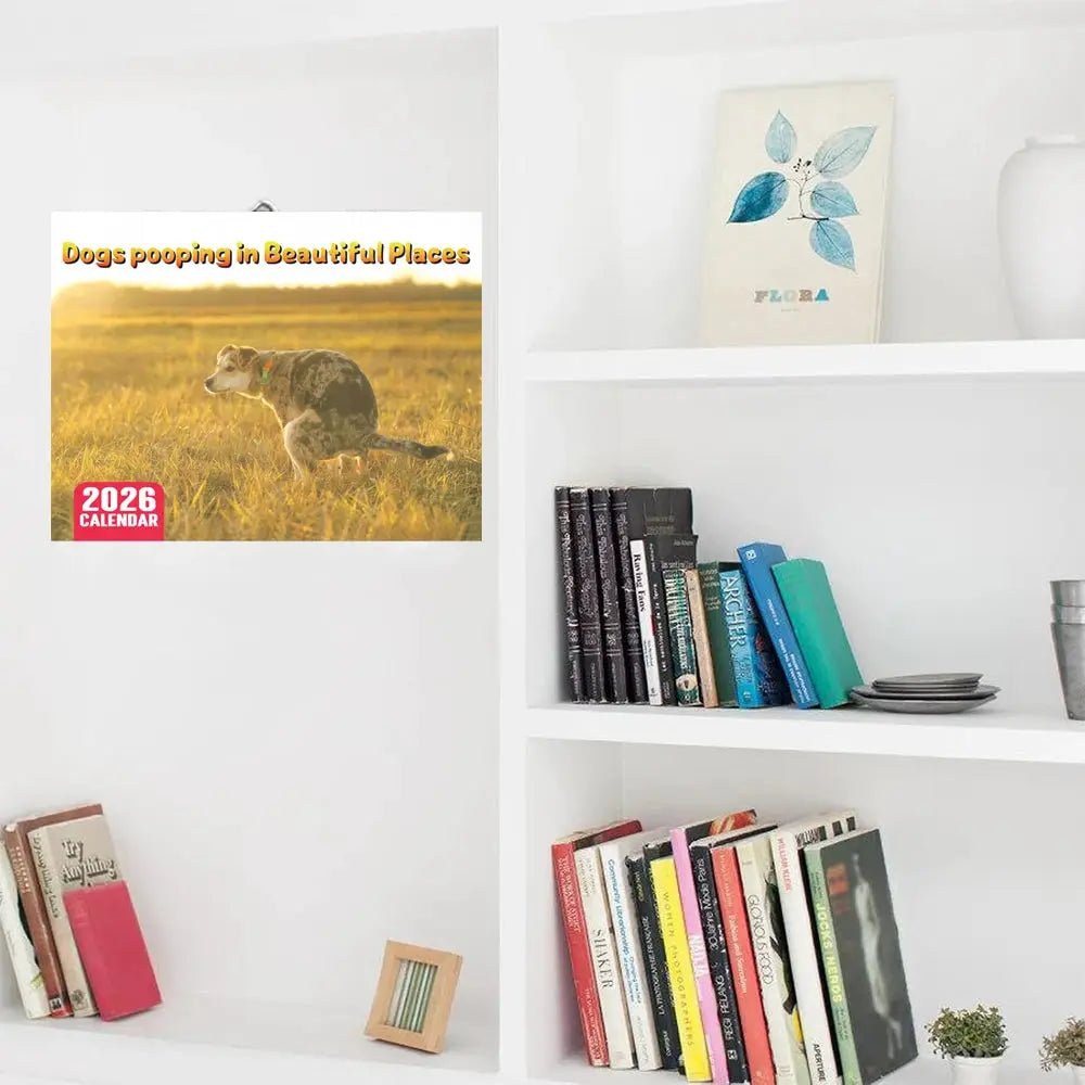 2026 Pooping Dog Calendar by Simples Market; wall calendar with dog photo on white shelf.