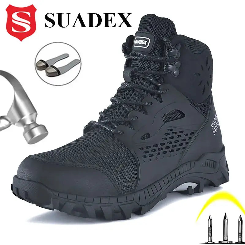 SUADEX S1 safety boots, black steel-toe work shoes with slip-resistant sole