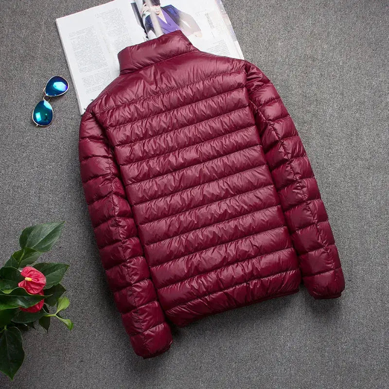 Men's burgundy down jacket, puffer style, slim fit for autumn and winter