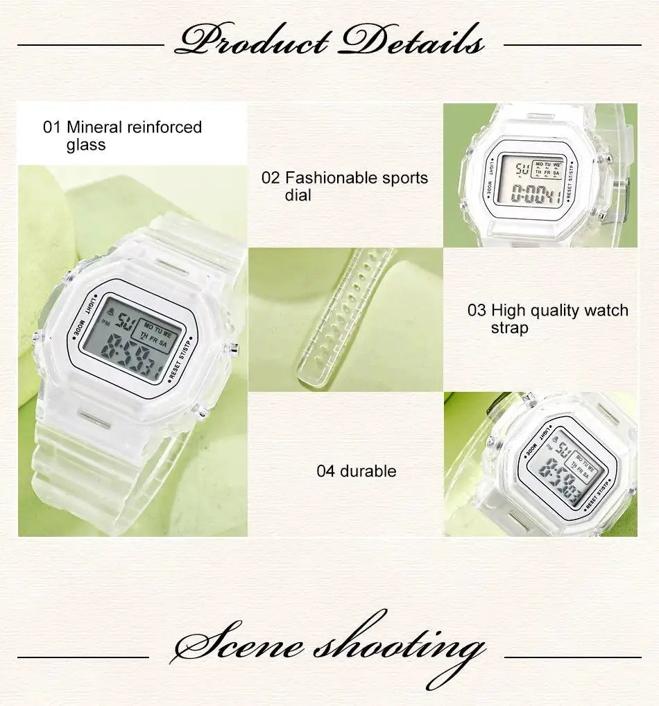 LED digital watch for men and women with a white silicone strap in military sports style from Simples Market.