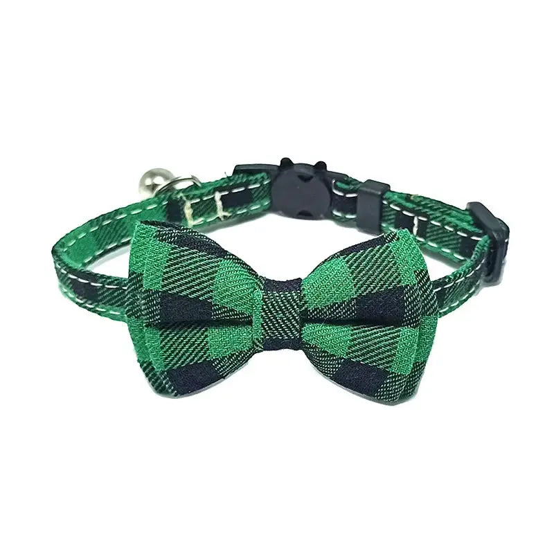 Pet Breakaway Cat Collar With Bow Tie And Bell Plaid Christmas Red Adjustable Elastic For Cats And Small Dogs