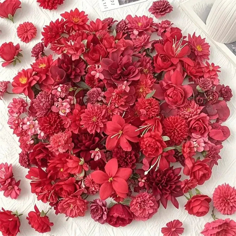 Artificial flower heads set in red and pink silk for crafts and decor; Simples Market, 20/50 pcs