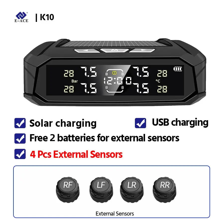 E-ACE TPMS K10 car system by Simples Market with solar/USB charging, LCD display; 4 external sensors RF/LF/LR/RR