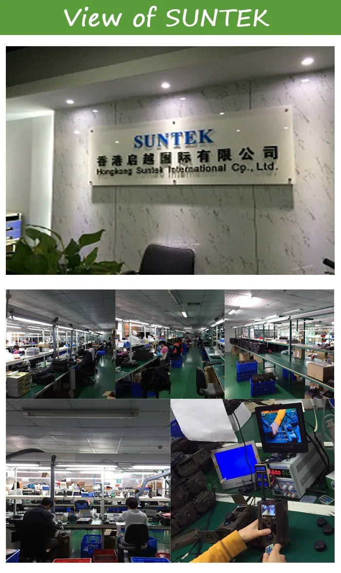 4K 4G wildlife camera production facility at SunTek; assembly line workers under branded signage
