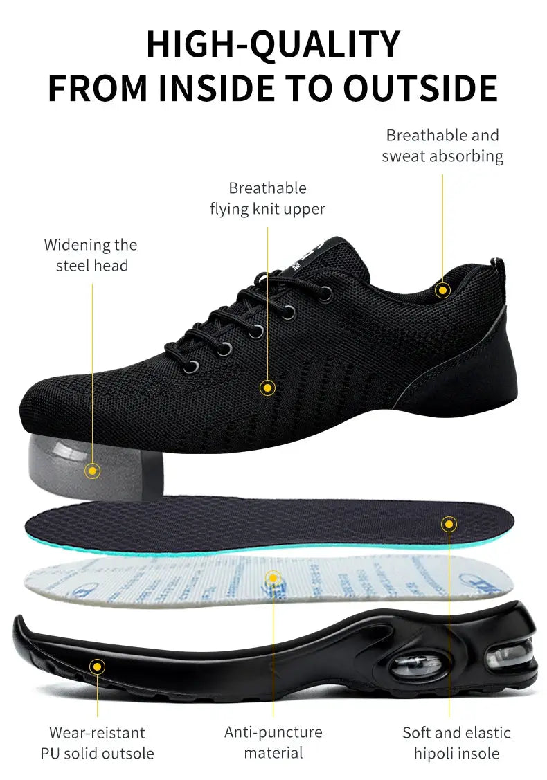 Simples Market Air Cushion Work Safety Shoes for Men and Women, black breathable upper with steel toe