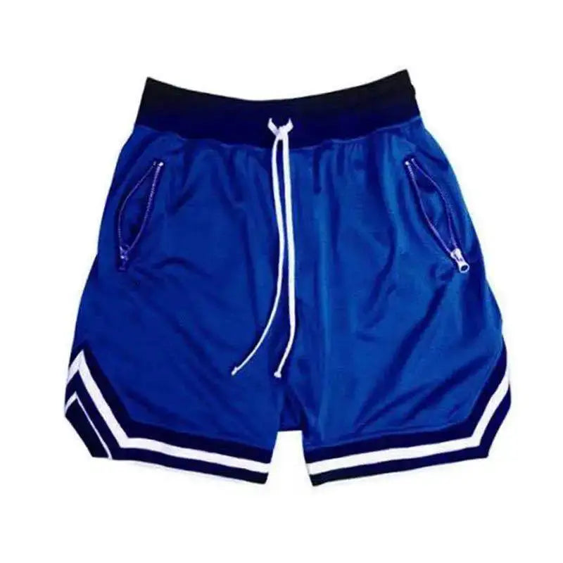 Men's blue mesh basketball shorts with quick-dry fabric, white drawstring, zip pockets, white trim.