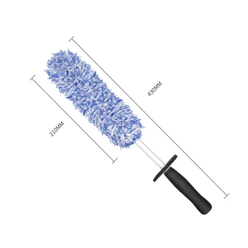 Car wash wheel brush with plush blue microfiber sleeve and non-slip black handle, 430mm long