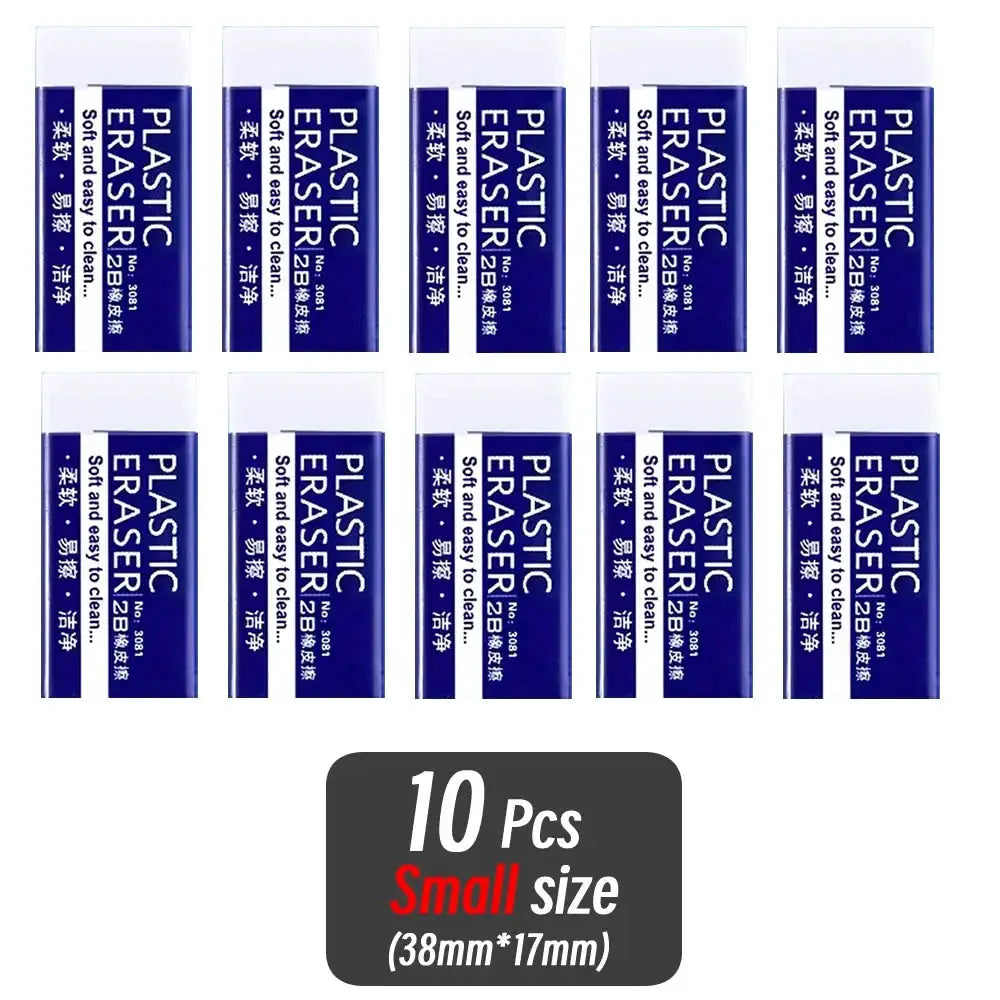 Plastic eraser set, 10 small erasers in blue packaging, 38mm × 17mm for school, exam and office use