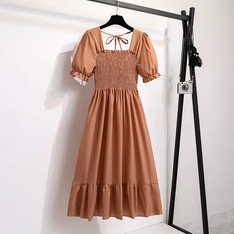 Chiffon Spring Summer A Line Dress For Women With Elastic Waist Pleated Short Sleeve Casual Flattering Fit