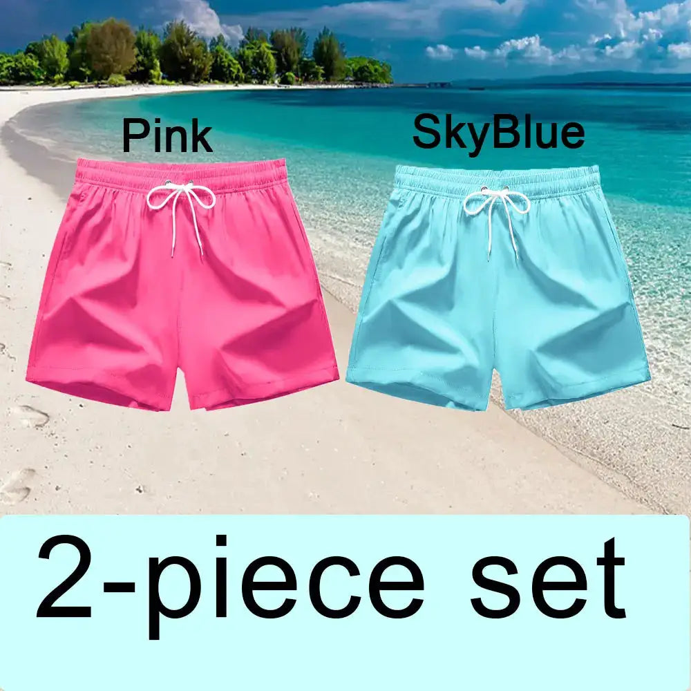 2-piece men's swim trunks set in pink and sky blue with drawstring and pockets, quick-dry board shorts by Simples Market