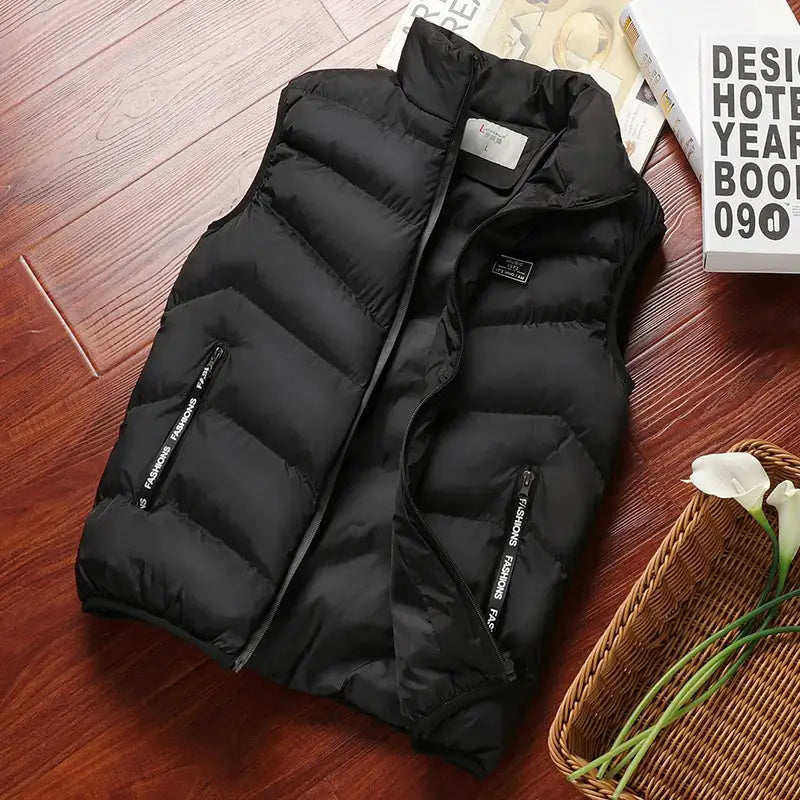Simples Market men's black sleeveless padded puffer vest with quilted panels, stand collar and zip pockets