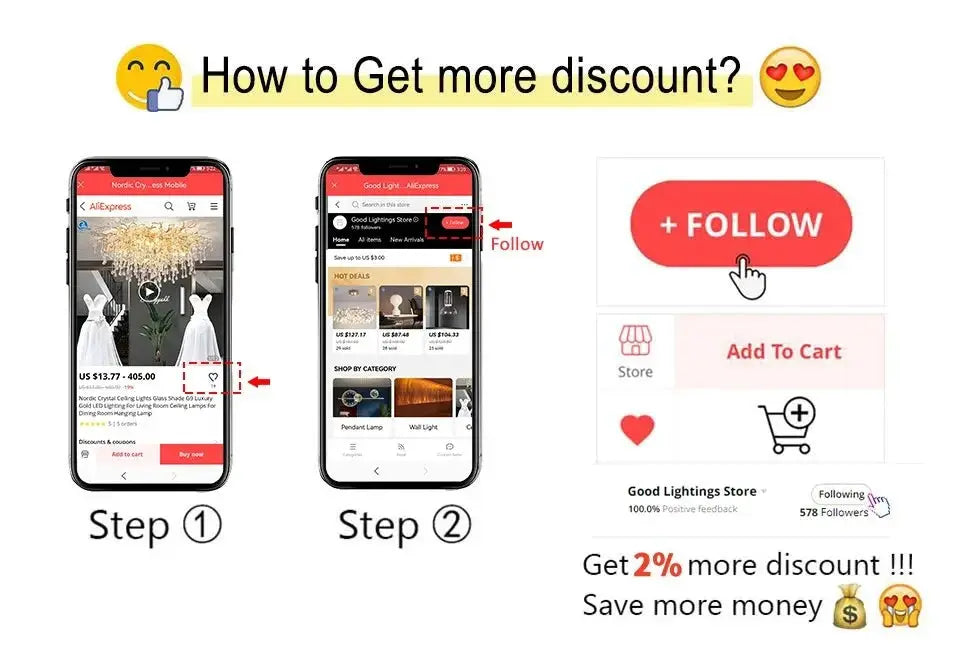 Discount guide collage with smartphone screenshots and a prominent follow button promoting extra discount