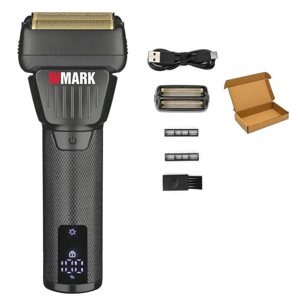 WMARK NG-7982 black professional hair trimmer with LCD display and titanium plating, USB cable and 2 blades included.