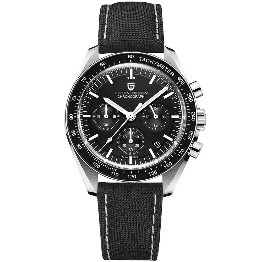 Pagani Design men's chronograph watch with black dial, tachymeter bezel, stainless steel case, black fabric strap