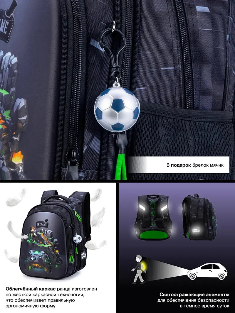 Kids' black waterproof cartoon school backpack by Simples Market with green zipper pulls and soccer ball keychain