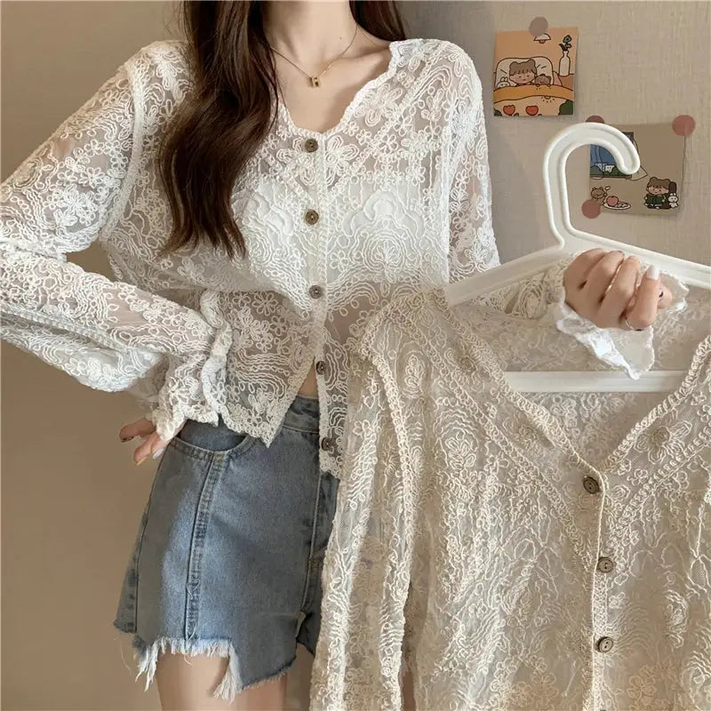 White lace blouse set; two sheer, long-sleeve tops for summer