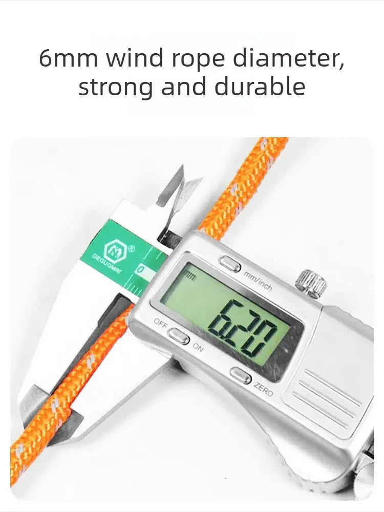 Aluminum rope tensioner for tarp with orange rope; caliper displays 6.20 mm rope diameter