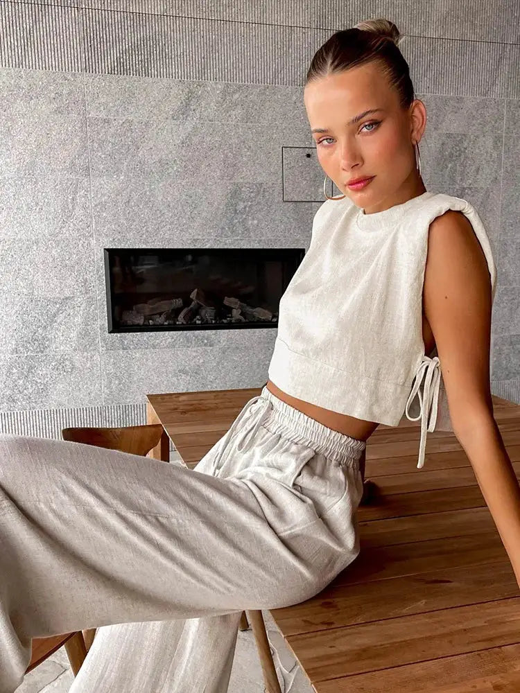 Linen Two Piece Pant Set With Crop Top For Women Spring Summer 2025