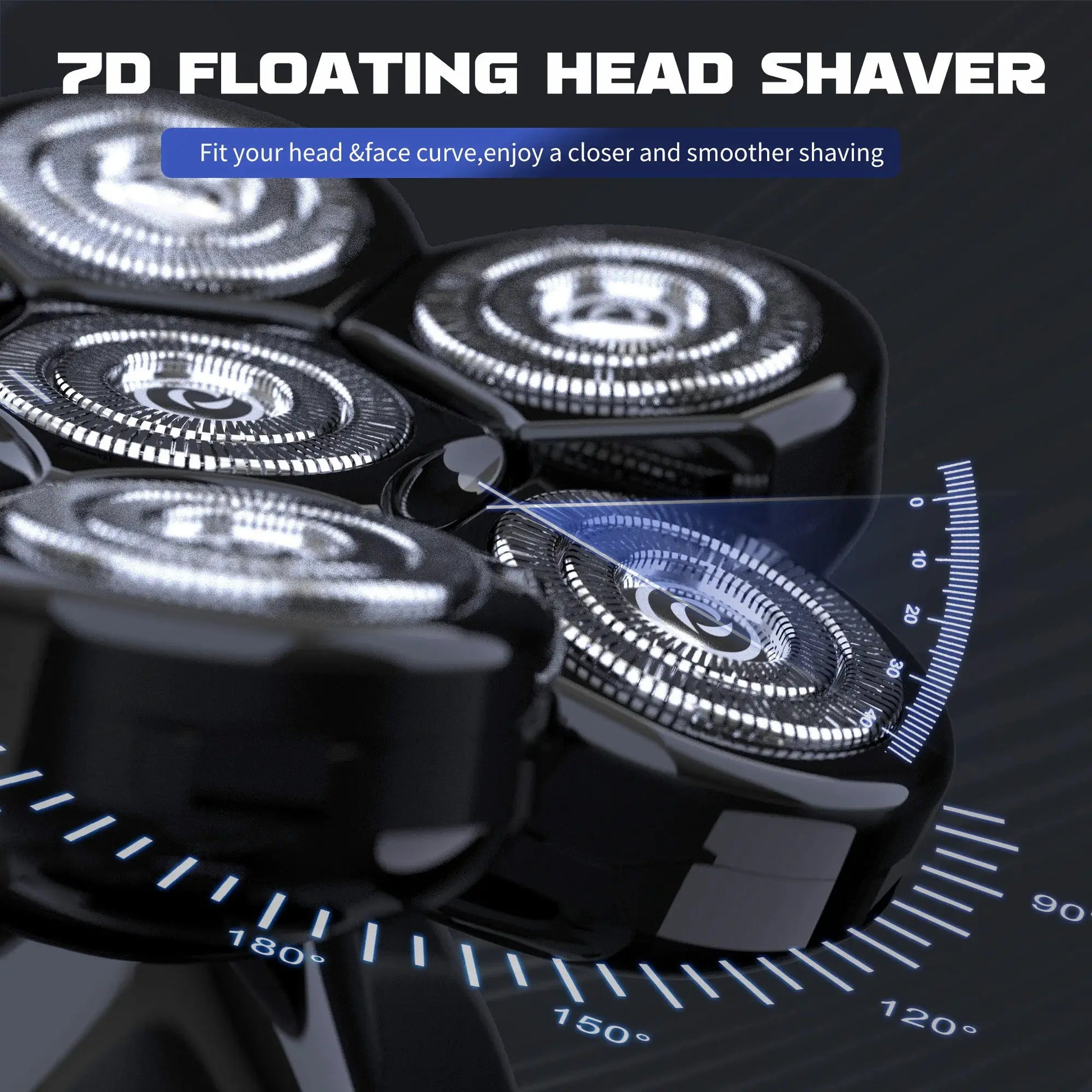 7D floating head shaver with black body and chrome rotary heads; waterproof men’s grooming tool