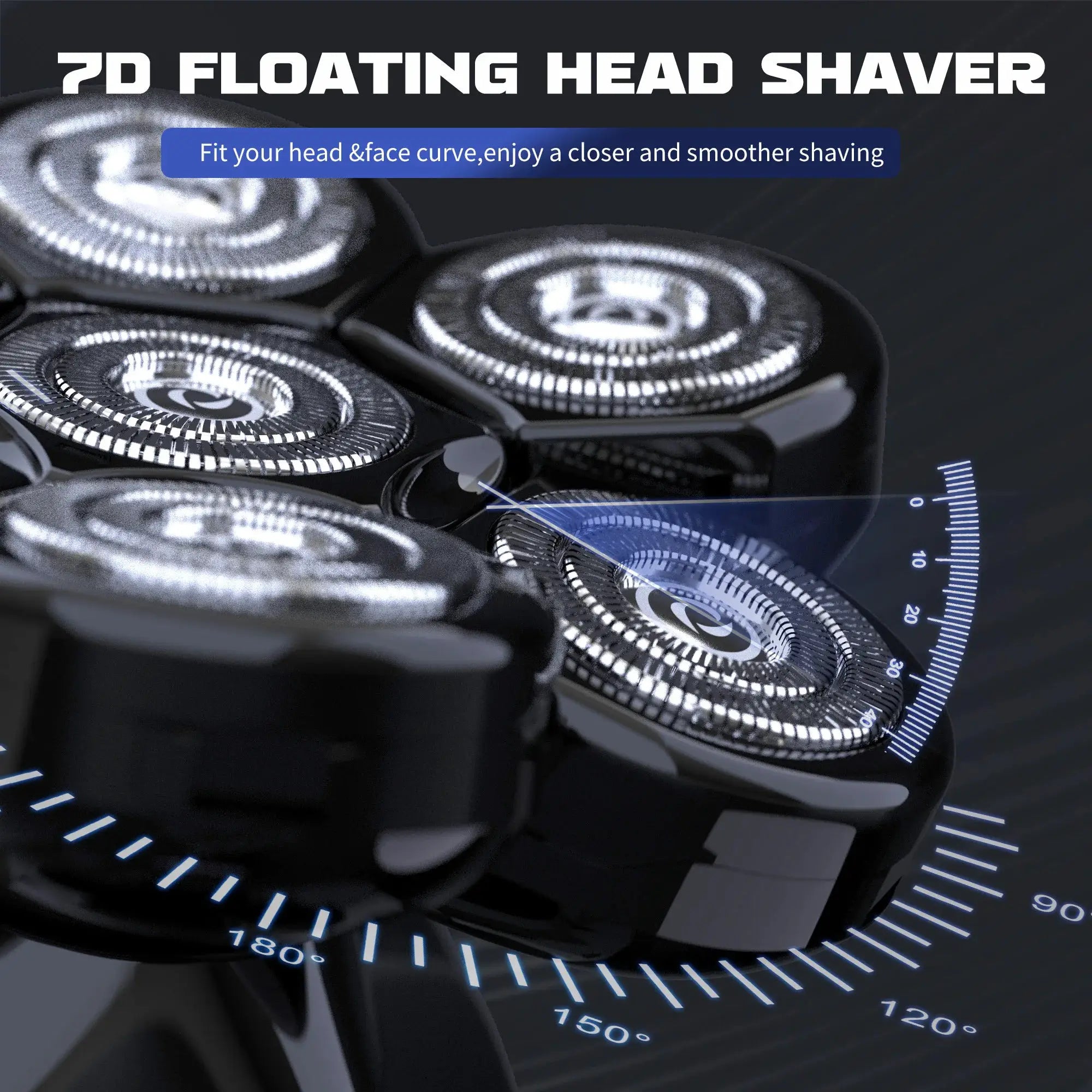 7D floating head shaver with black body and chrome rotary heads; waterproof men’s grooming tool