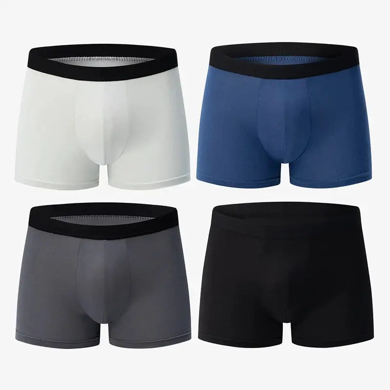 4-pack men's antibacterial breathable solid-color boxer briefs in white, blue, gray and black with black waistbands.