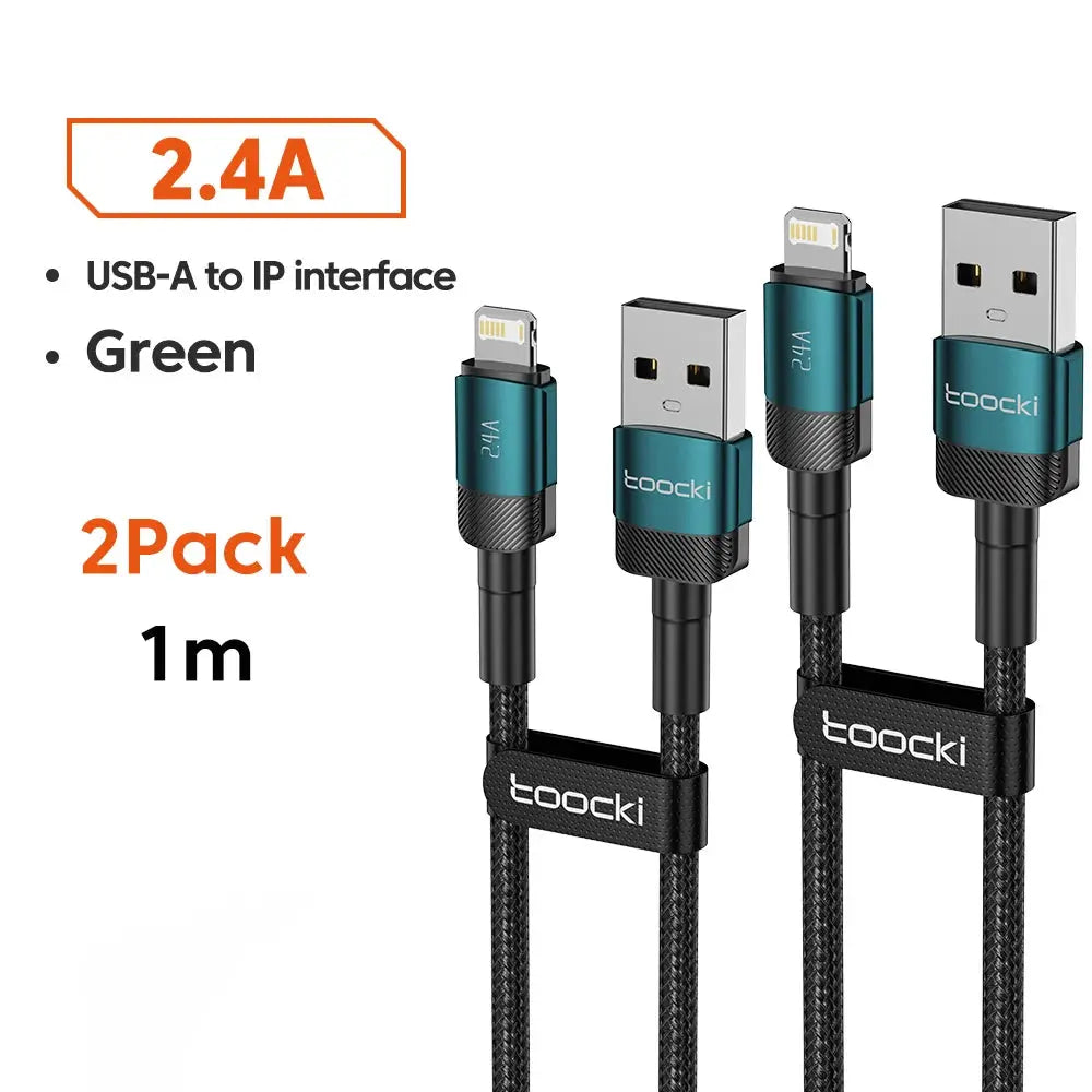 Toocki USB cable 2-pack, 1m, green aluminum connectors with braided black USB-A to Lightning cable