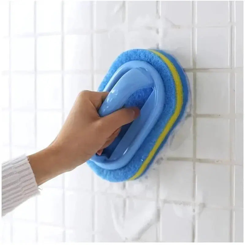 Sponge cleaning brush with handle in blue, designed for bathtub and tile scrubbing