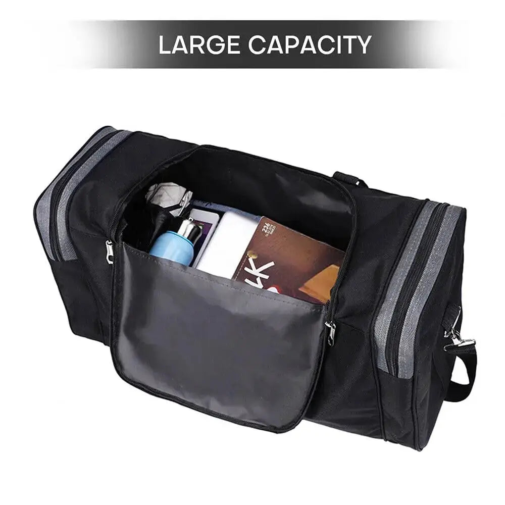 Black 60L gym duffle bag with multiple zip compartments and a front pocket showing a water bottle and magazines