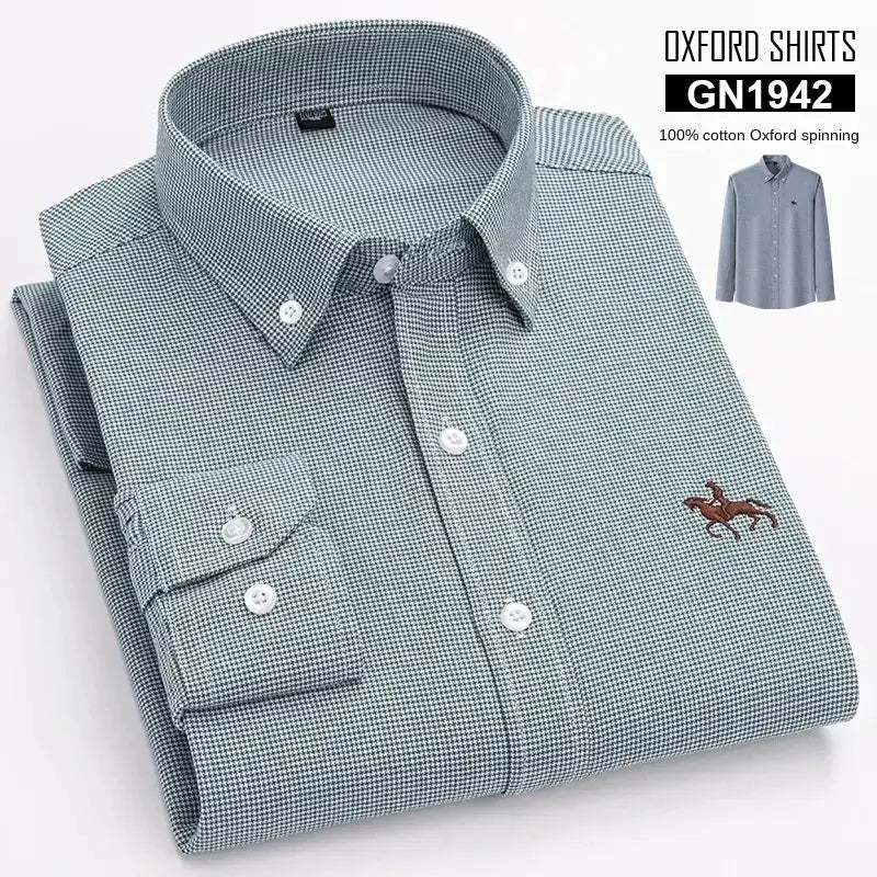 Simples Market men's oxford shirt, light blue gingham cotton, long sleeve with brown horse embroidery, button-front