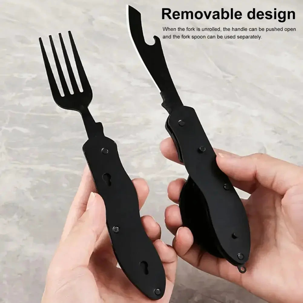 Three In One Multi Tool Camping Folding Knife Stainless Steel Spoon Fork Bottle Opener Hook Design Comfortable Grip