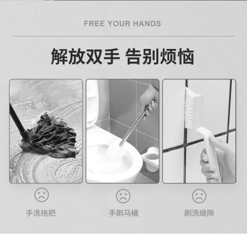 Handheld cleaning tools banner with a mop head, toilet brush, and grout brush in grayscale