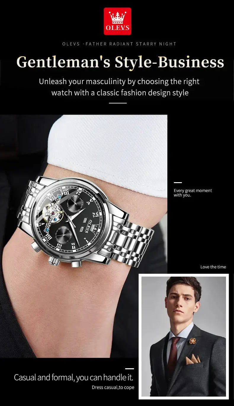 OLEVS stainless steel skeleton automatic men's wristwatch with dual-calendar dial