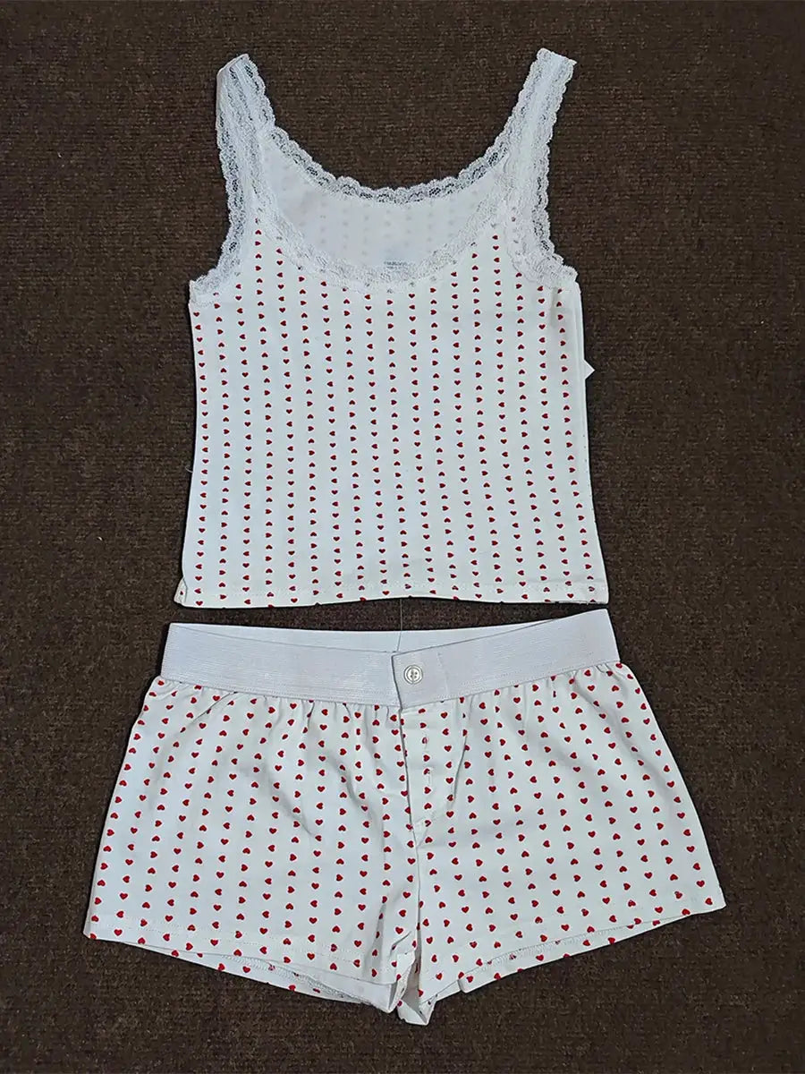 Strawberry Print Vest And Shorts Set For Women Eyelet Bow Tank Top