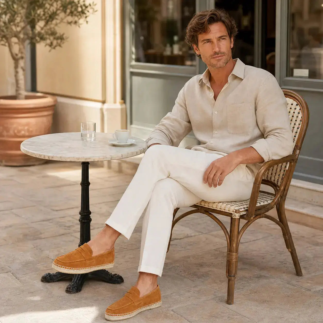 Men's jute espadrilles slip-on loafers in tan cow suede leather