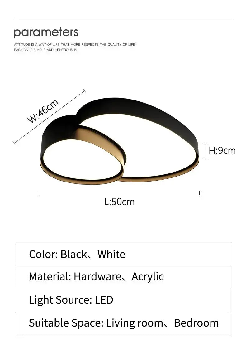 Modern LED ceiling lamp with remote control in black and white, hardware and acrylic fixture for living room or bedroom