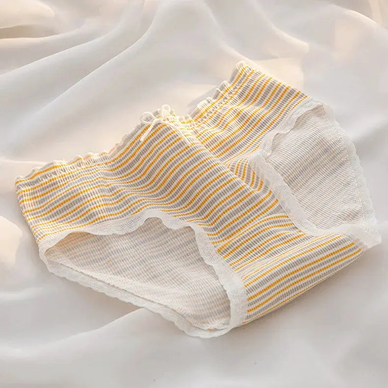 Women's cotton underwear briefs, yellow and white striped with lace trim, mid-waist, Simples Market