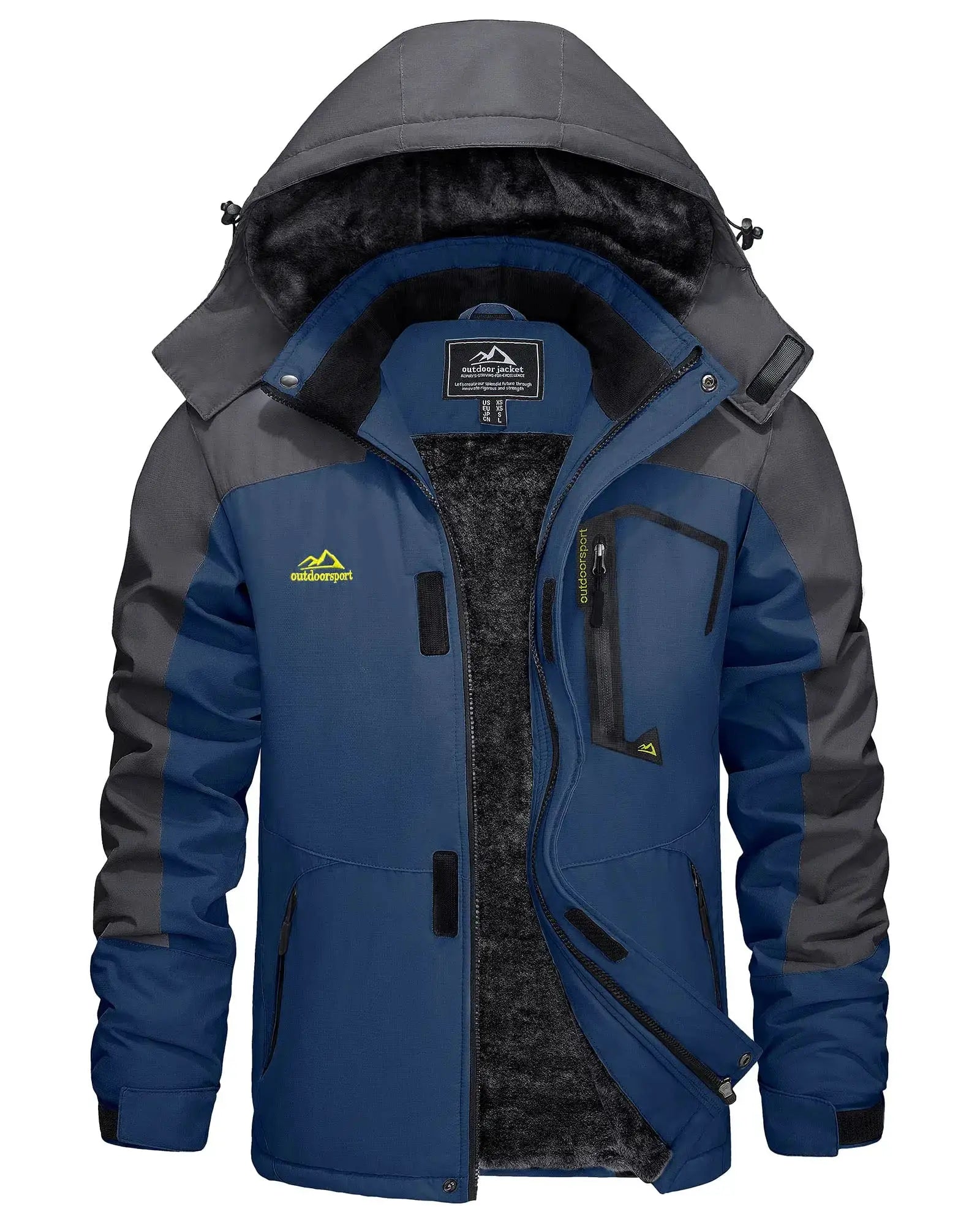 Men's blue and gray waterproof winter ski jacket with thick fleece lining and hood, outdoorsport logo.