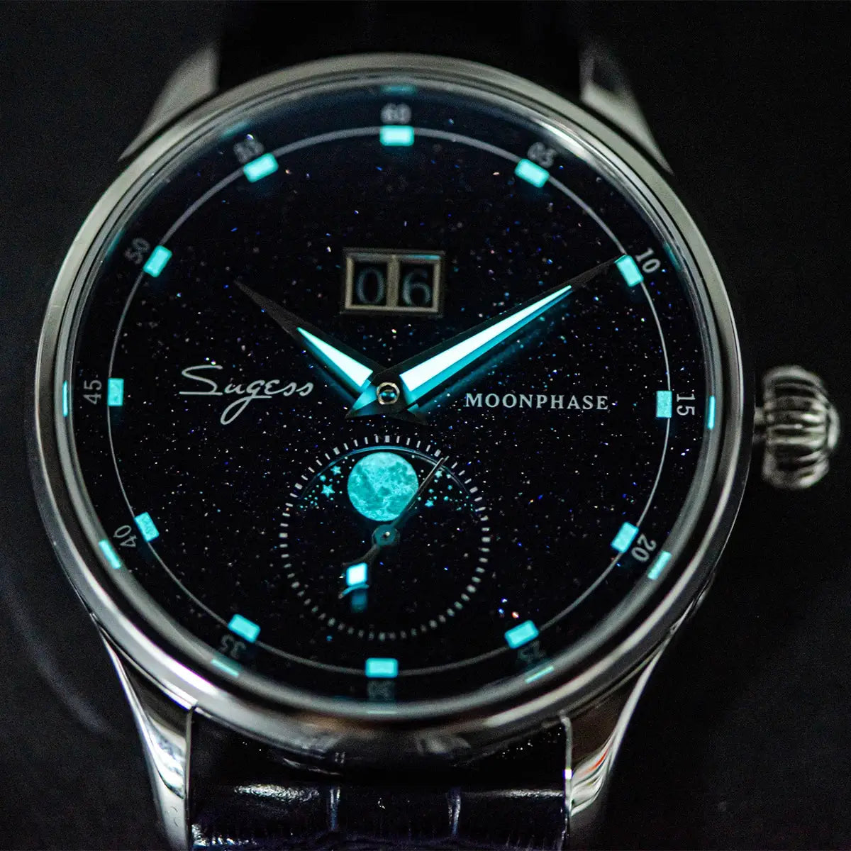 Sugess Moonphase men's watch with stainless steel case and starry galaxy dial