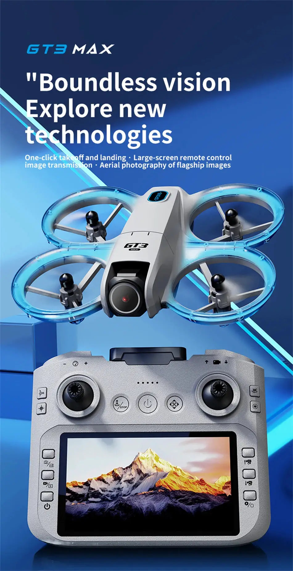 GT3 Max drone with blue prop guards and front camera, shown with a display-equipped remote controller