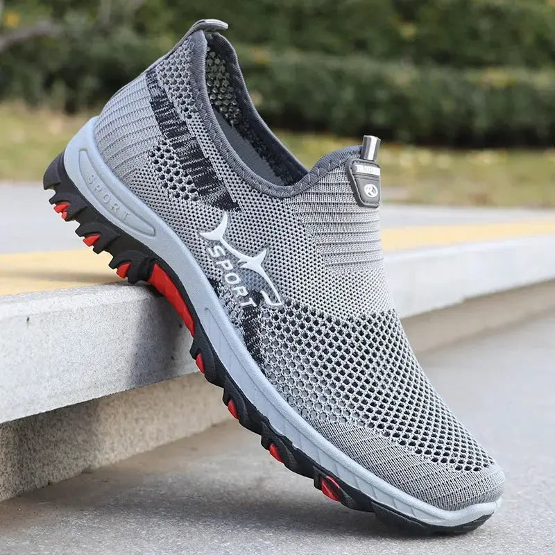 Men's mesh sneakers, gray breathable lightweight sport shoes with red and black sole, Simples Market