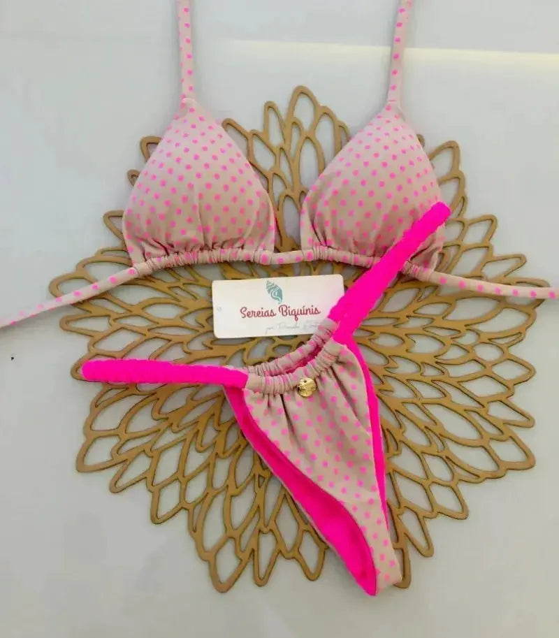 Simples Market two-piece halter bikini set in beige with pink polka dots, triangle top and thong bottom
