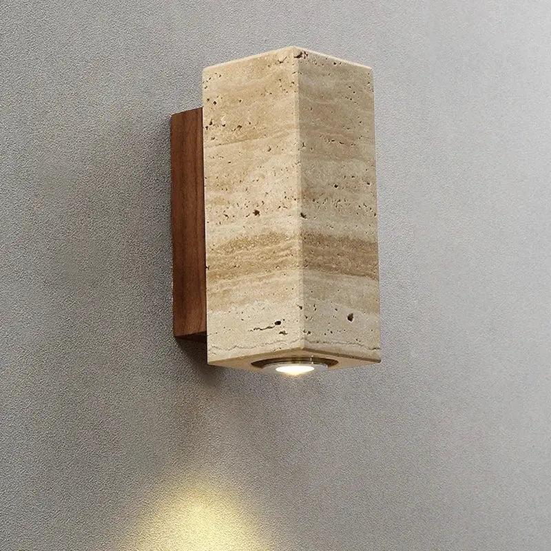 Wabi Sabi yellow marble wall lamp by Simples Market, travertine sconce with wood backplate