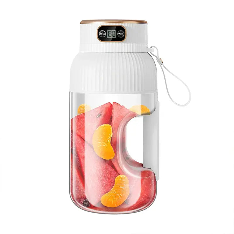 1000ml portable juicer bottle with white cap and wrist strap, filled with watermelon and orange segments