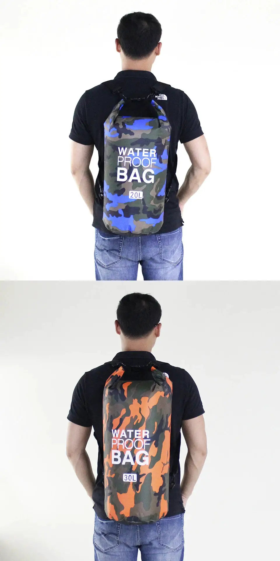Dry bag waterproof backpack in blue camouflage 20L and orange camouflage 30L shown on a model