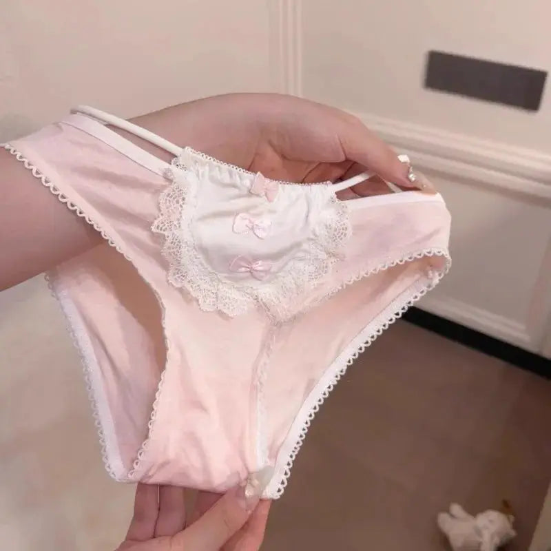 SP&CITY Lolita Sweet Bow lace underwear for women, low-rise pink cotton panties with white lace trim and pink bows
