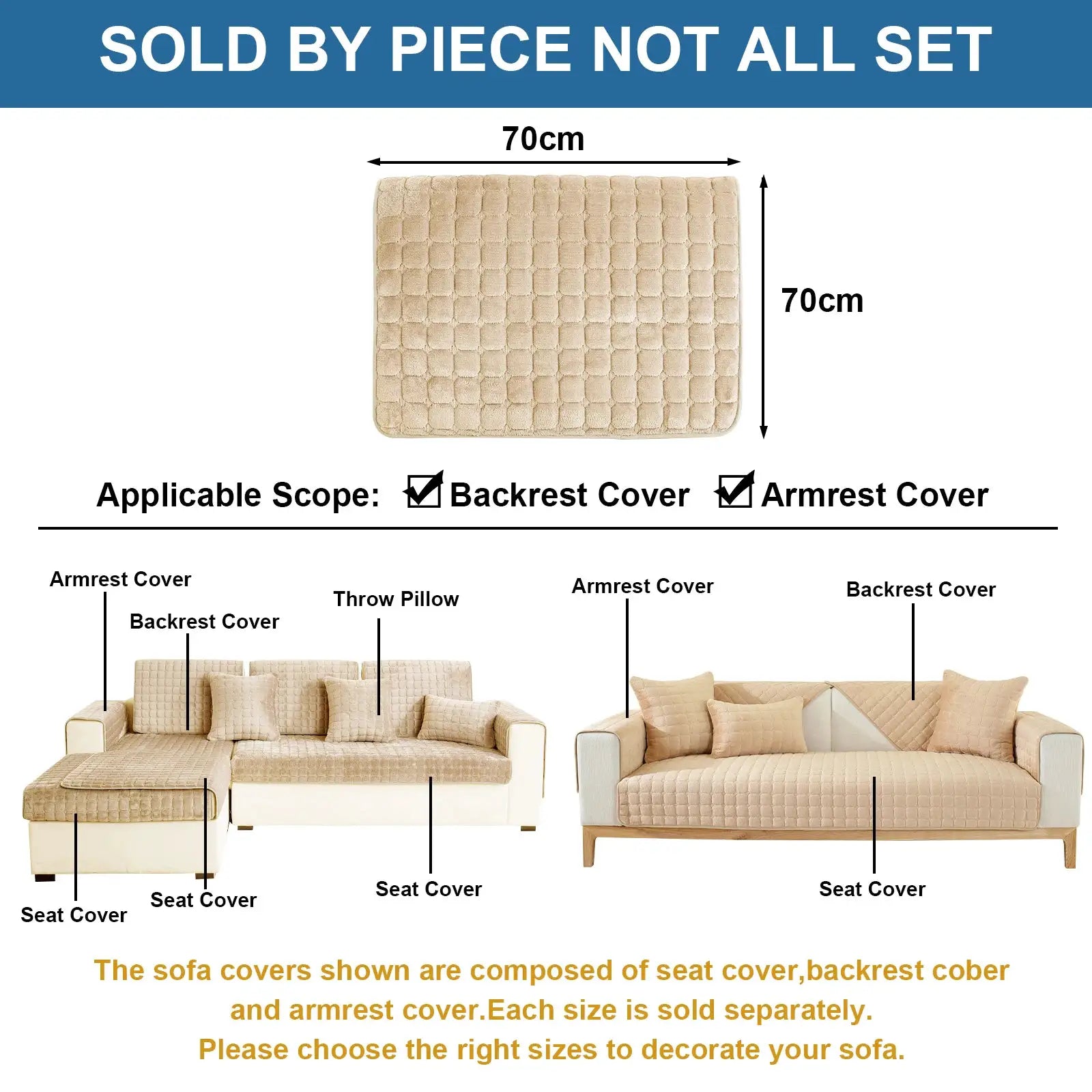 Simples Market beige flannel plaid sofa cover set with non-slip thick plush backrest and seat cushion covers