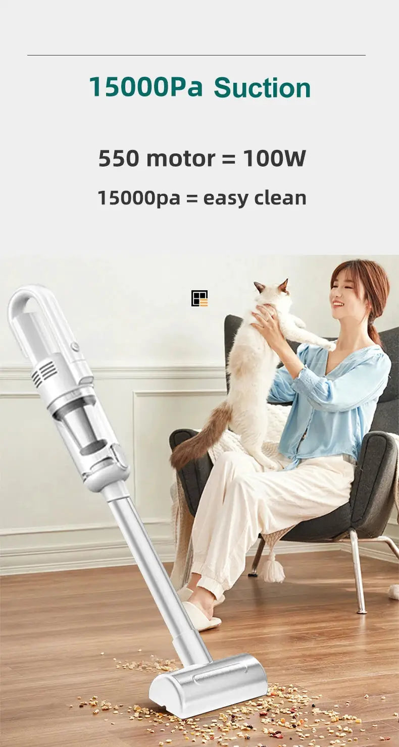 Simples Market handheld cordless vacuum cleaner with 15000Pa suction, silver body and floor nozzle