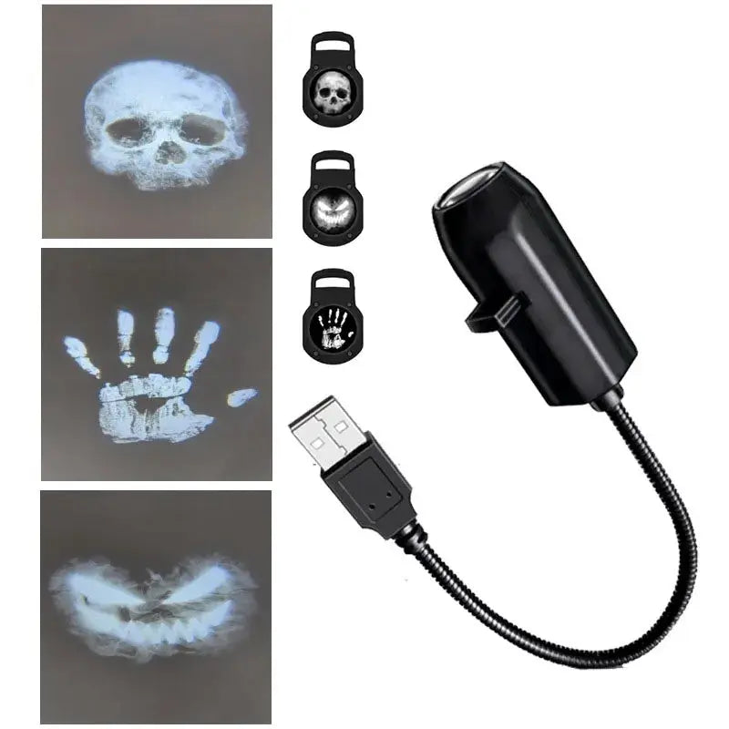 Simples Market Halloween USB projector night light with skull, handprint and grin rotating projections